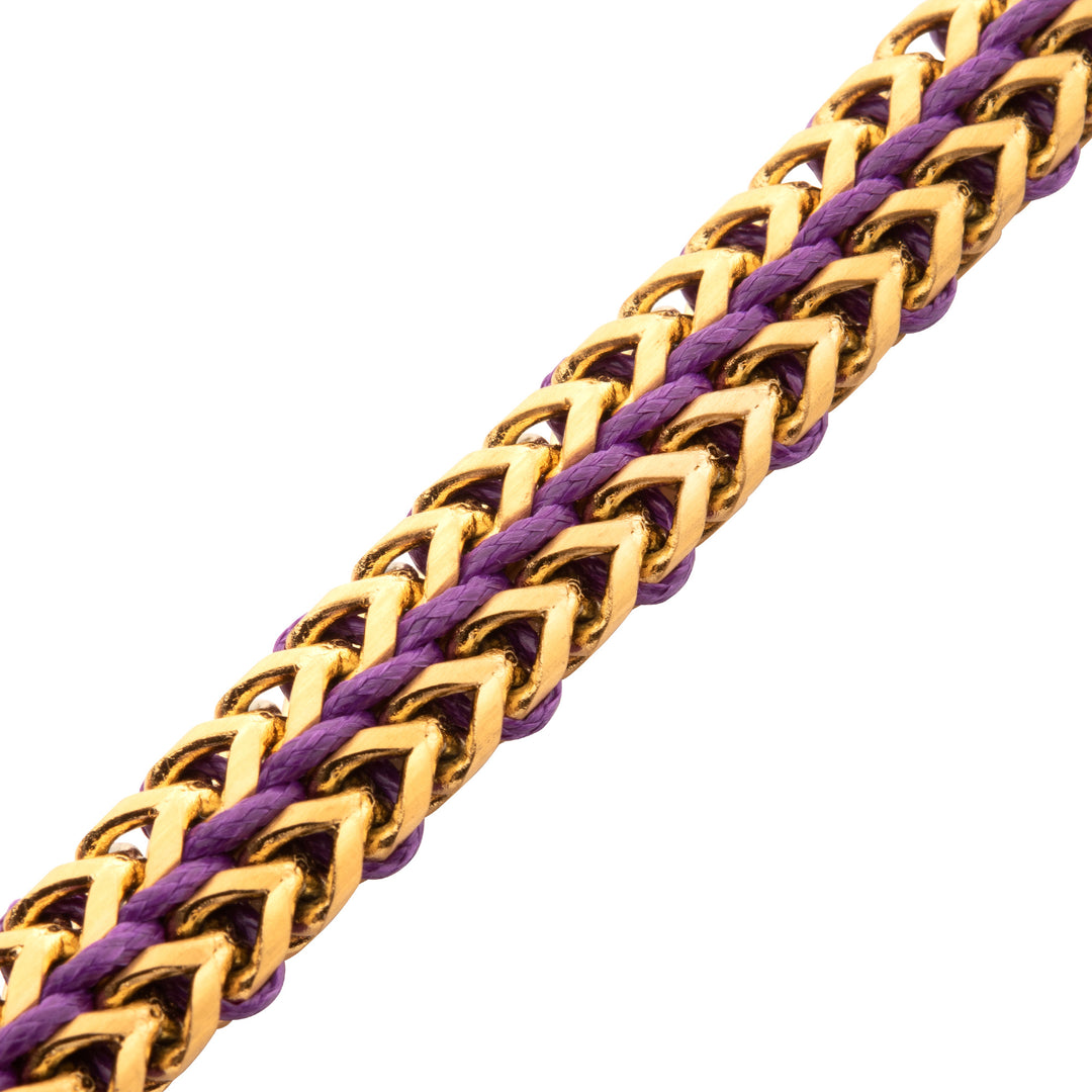 Matte Finish Gold IP Stainless Steel Foxtail Chain with Purple Wax Cord Bracelet