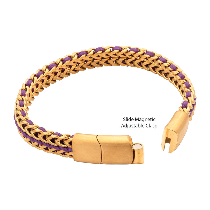 Matte Finish Gold IP Stainless Steel Foxtail Chain with Purple Wax Cord Bracelet