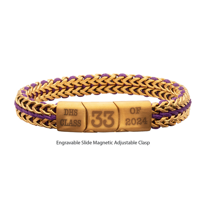 Matte Finish Gold IP Stainless Steel Foxtail Chain with Purple Wax Cord Bracelet