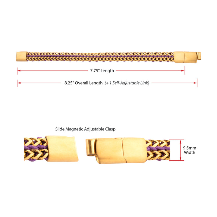 Matte Finish Gold IP Stainless Steel Foxtail Chain with Purple Wax Cord Bracelet