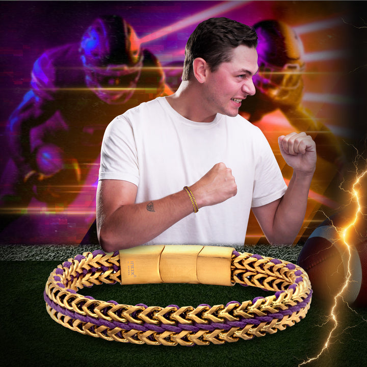 Matte Finish Gold IP Stainless Steel Foxtail Chain with Purple Wax Cord Bracelet