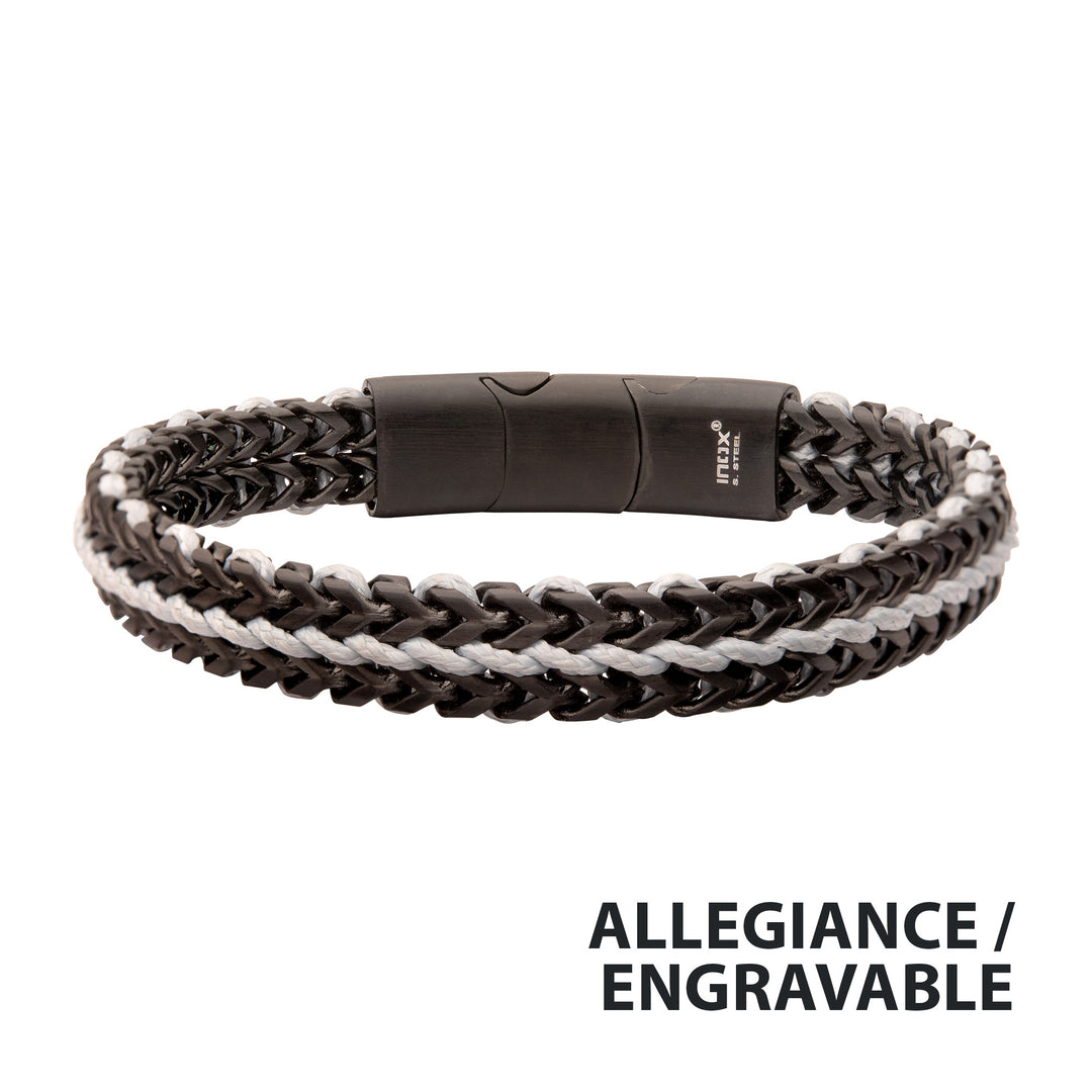 Matte Finish Black IP Stainless Steel Foxtail Chain with White Wax Cord Bracelet