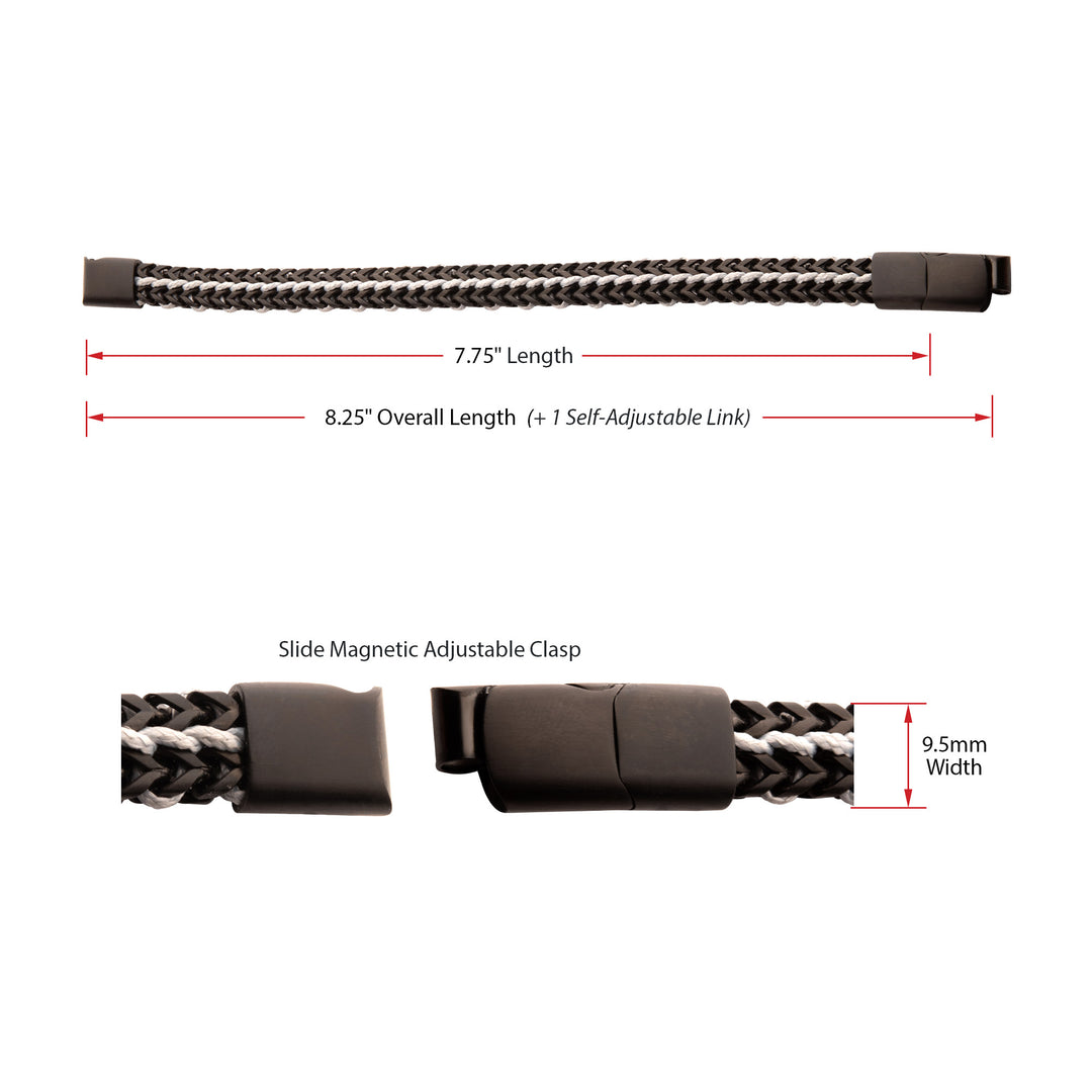 Matte Finish Black IP Stainless Steel Foxtail Chain with White Wax Cord Bracelet