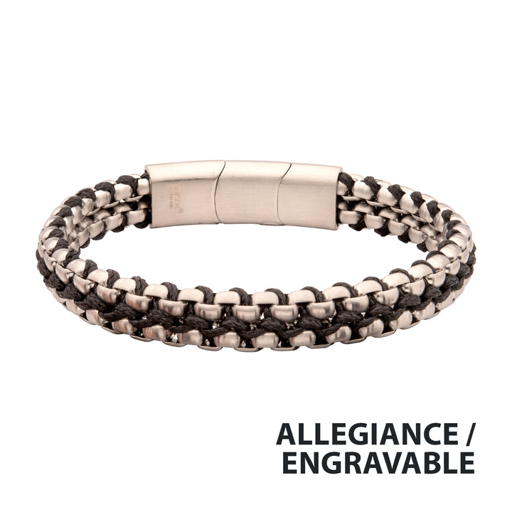 Matte Finish Stainless Steel Box Chain with Black Wax Cord Bracelet