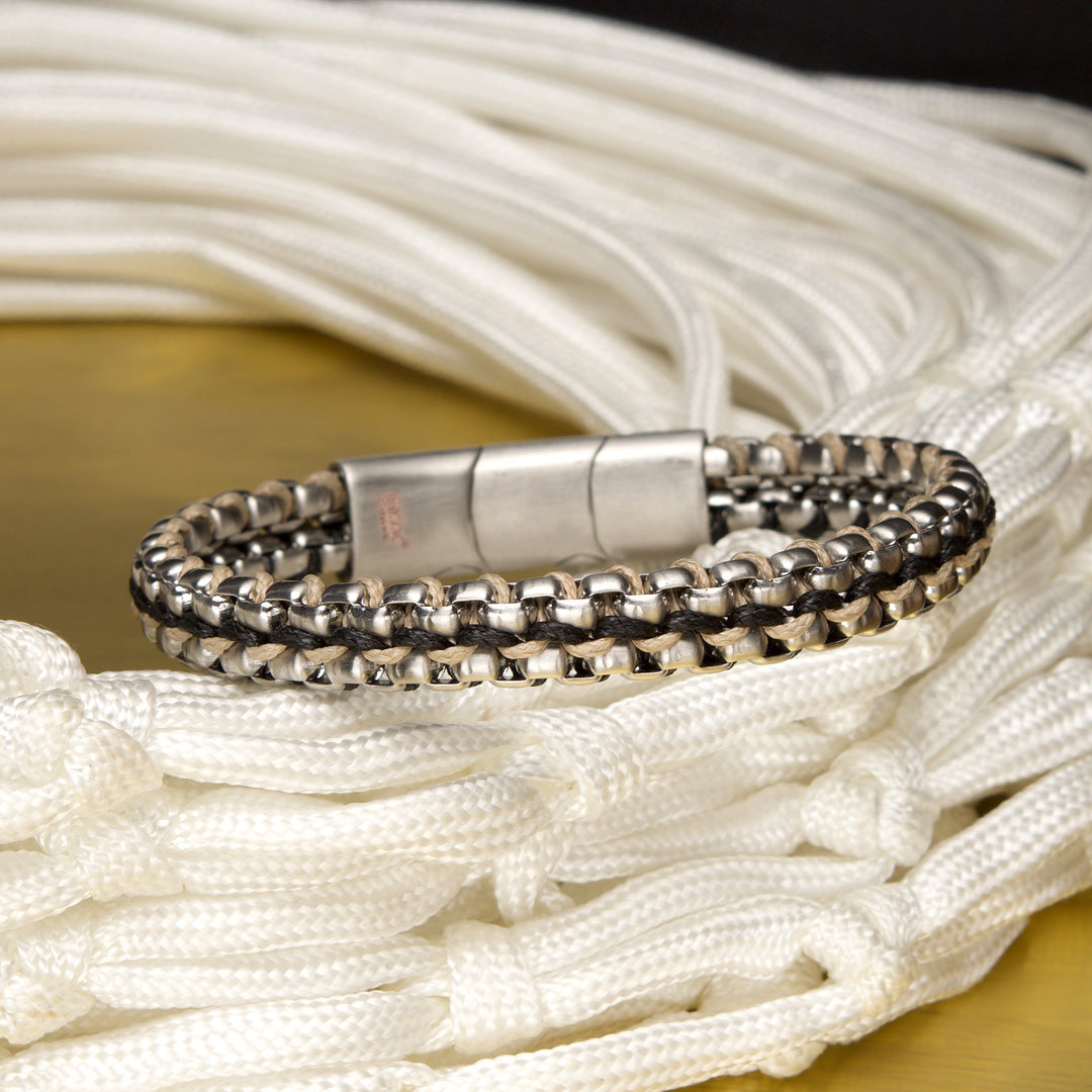 Matte Finish Stainless Steel Box Chain with Black Wax Cord Bracelet