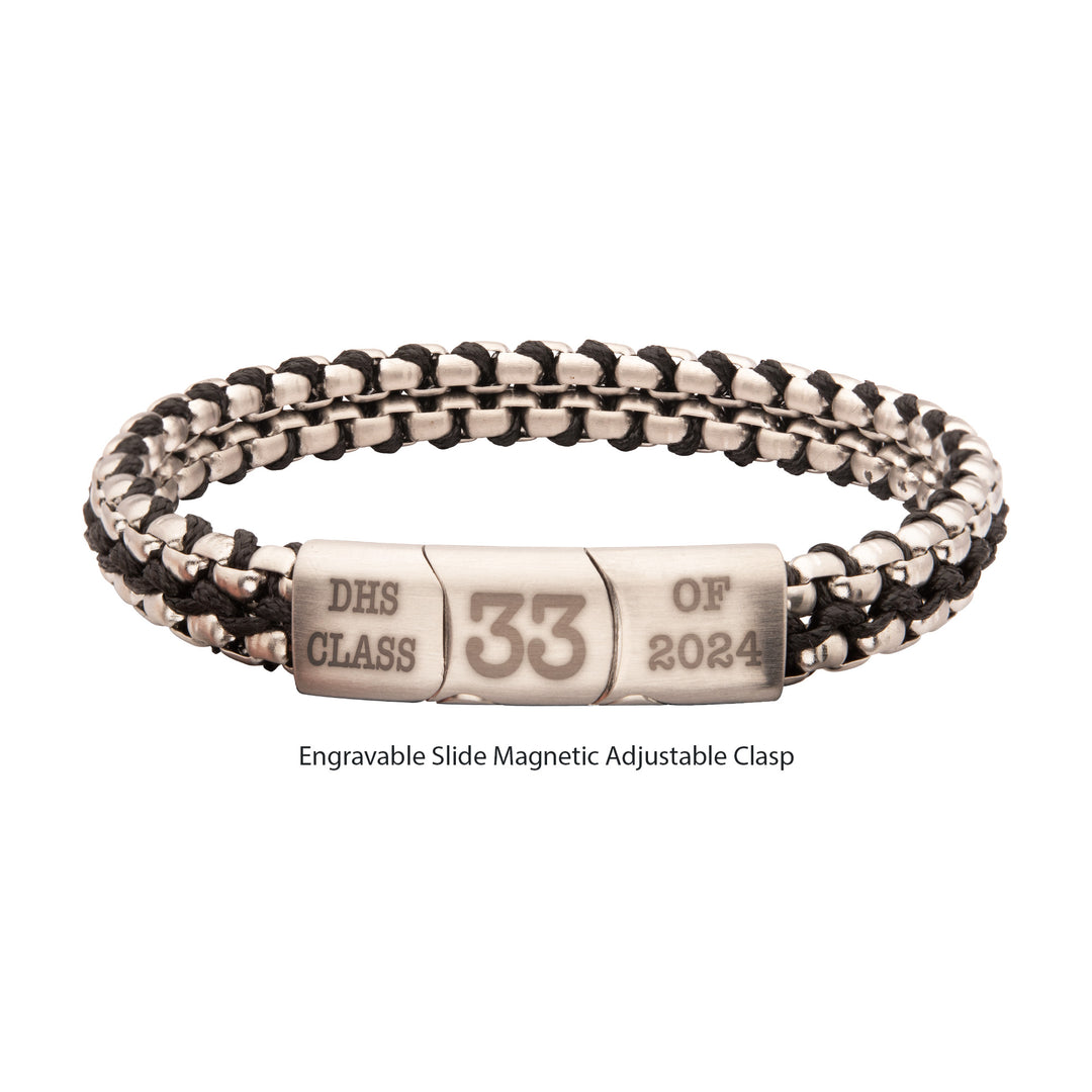 Matte Finish Stainless Steel Box Chain with Black Wax Cord Bracelet