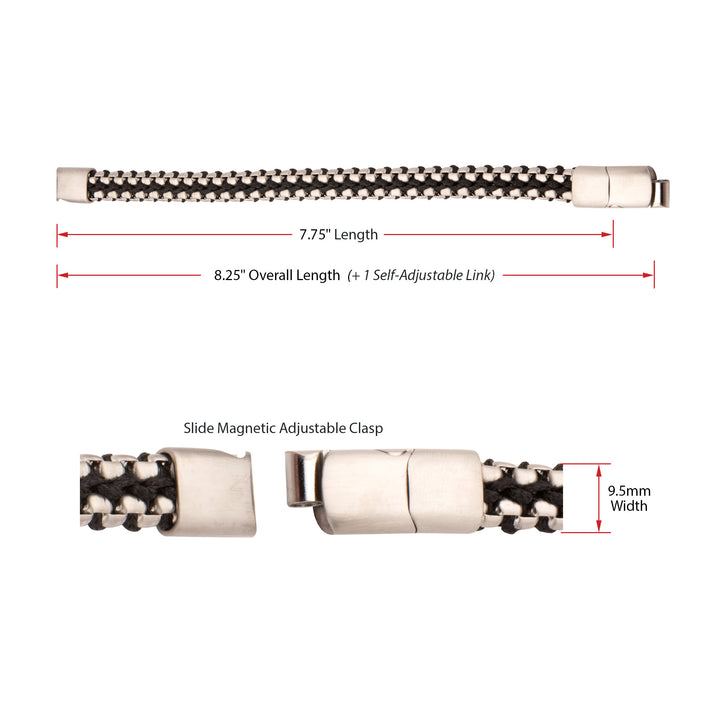 Matte Finish Stainless Steel Box Chain with Black Wax Cord Bracelet