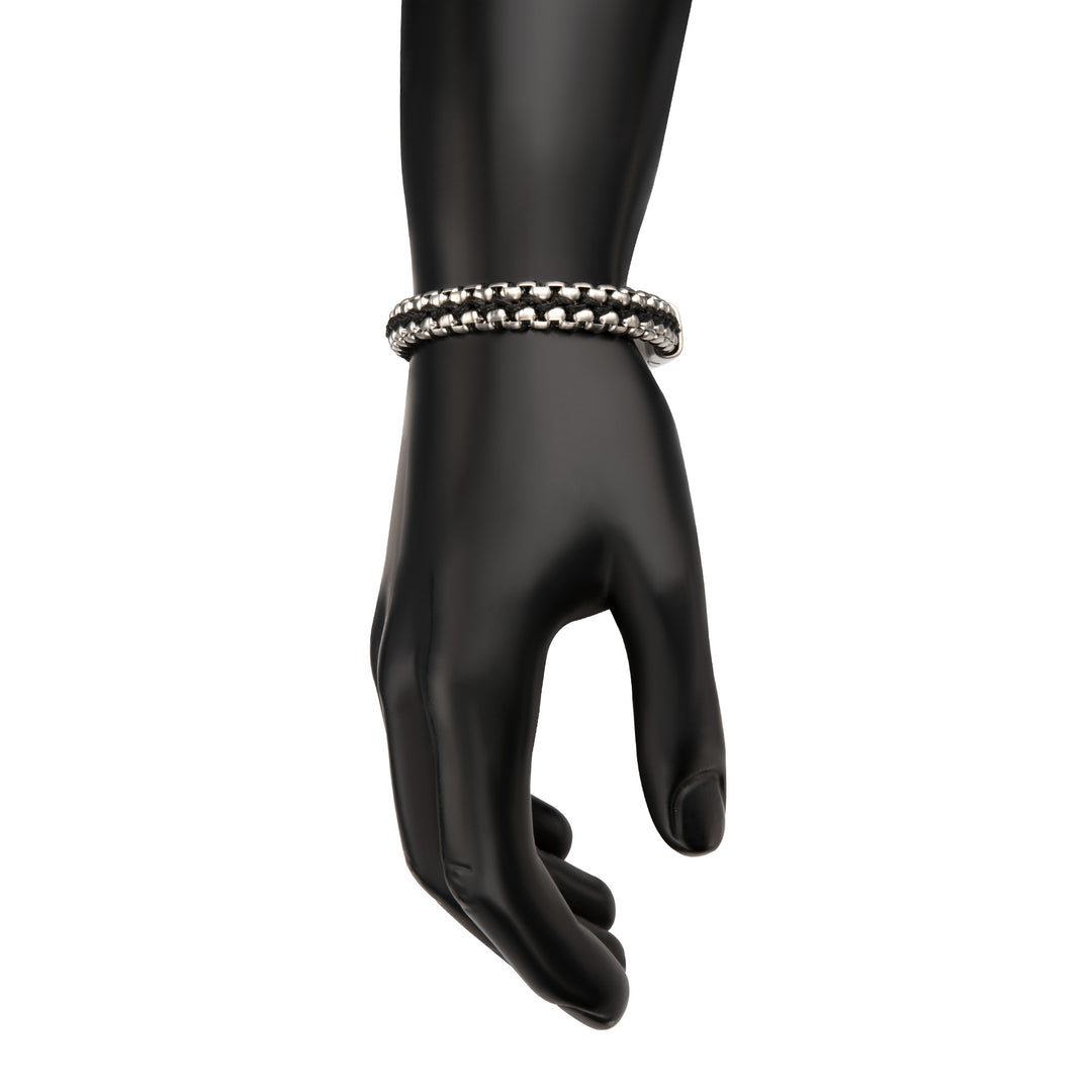 Matte Finish Stainless Steel Box Chain with Black Wax Cord Bracelet