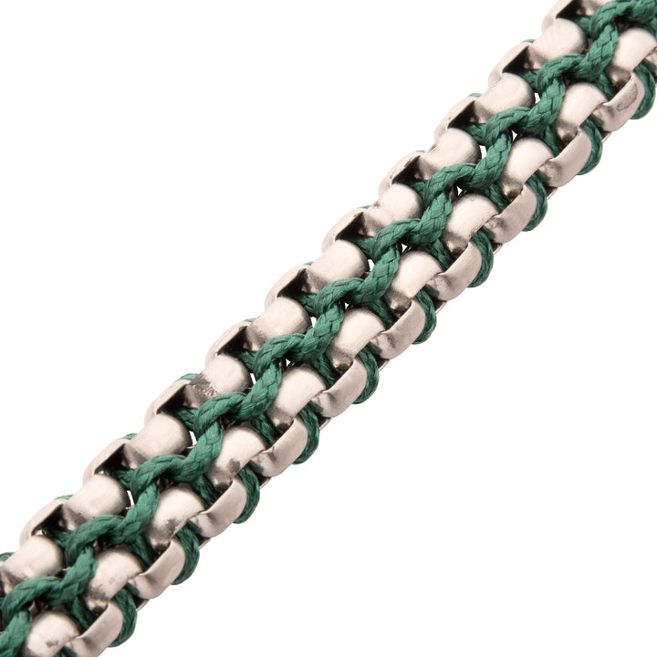 Matte Finish Stainless Steel Box Chain with Green Wax Cord Bracelet