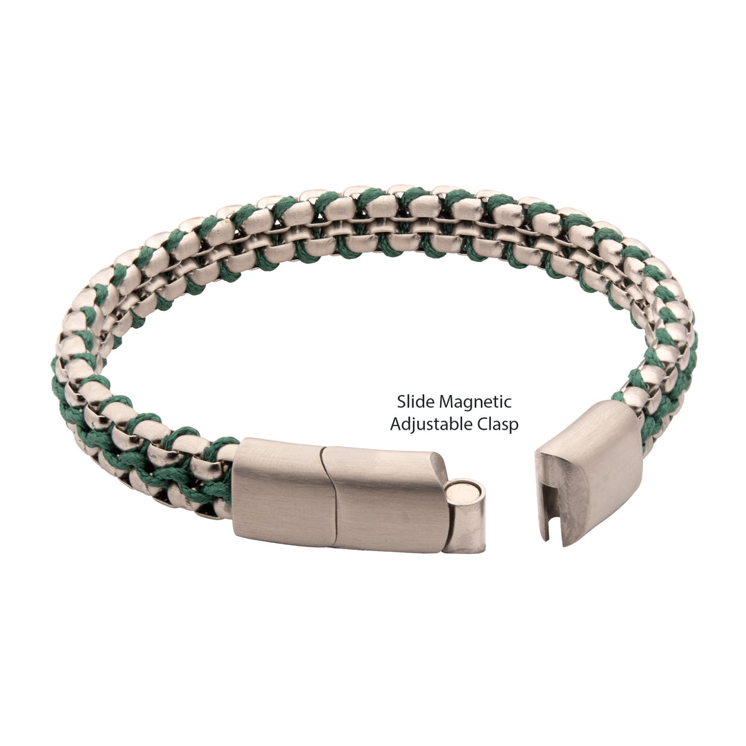 Matte Finish Stainless Steel Box Chain with Green Wax Cord Bracelet