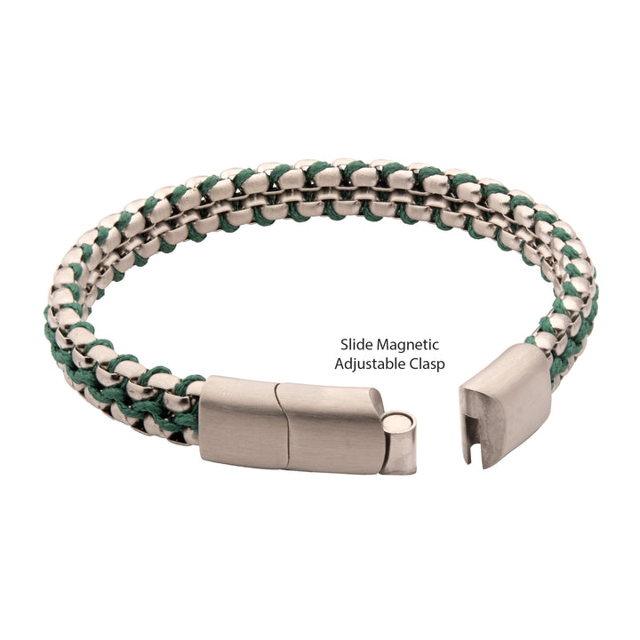 Matte Finish Stainless Steel Box Chain with Green Wax Cord Bracelet