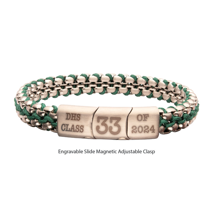 Matte Finish Stainless Steel Box Chain with Green Wax Cord Bracelet