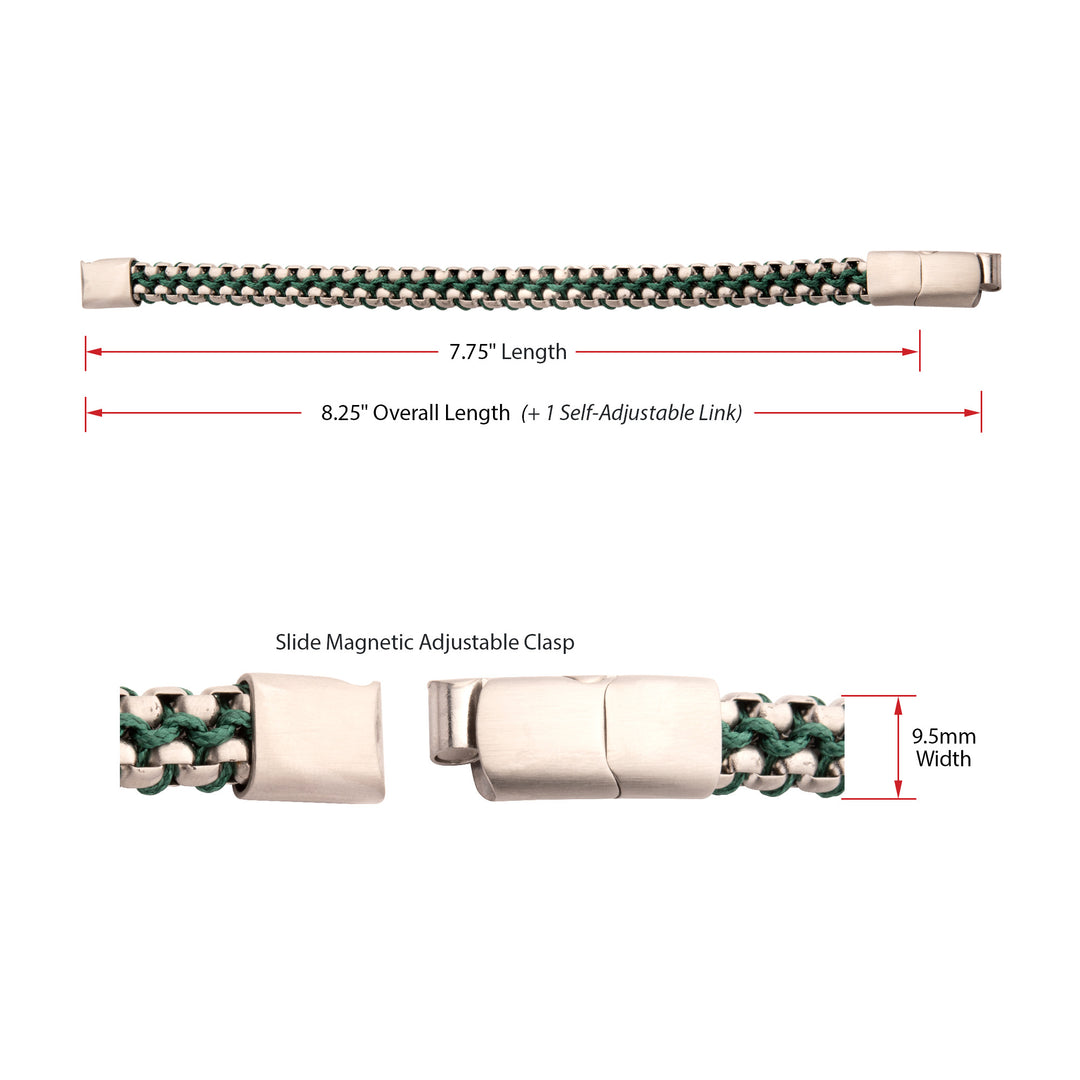 Matte Finish Stainless Steel Box Chain with Green Wax Cord Bracelet