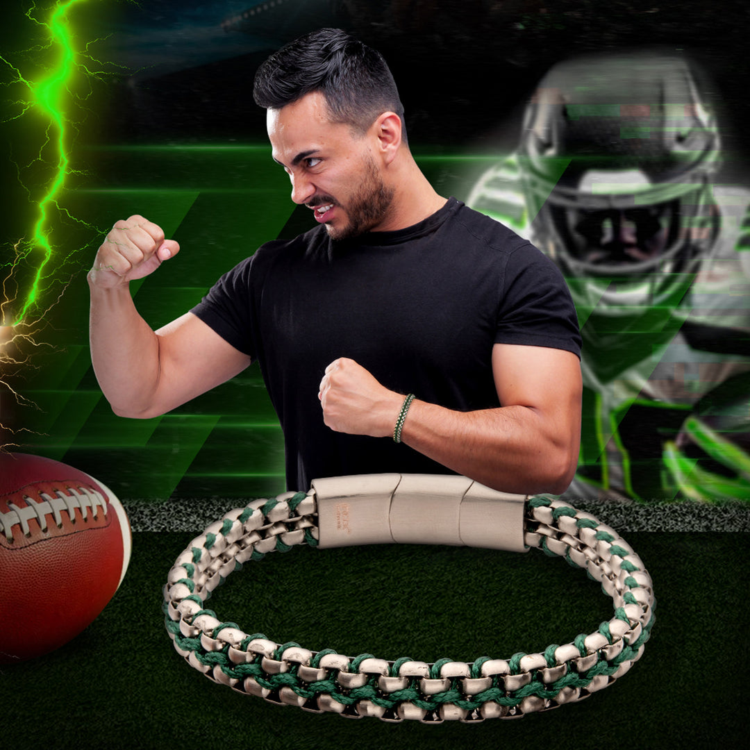 Matte Finish Stainless Steel Box Chain with Green Wax Cord Bracelet