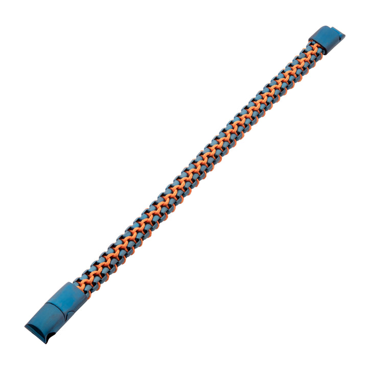 Matte Finish Blue IP Stainless Steel Box Chain with Orange Wax Cord Bracelet