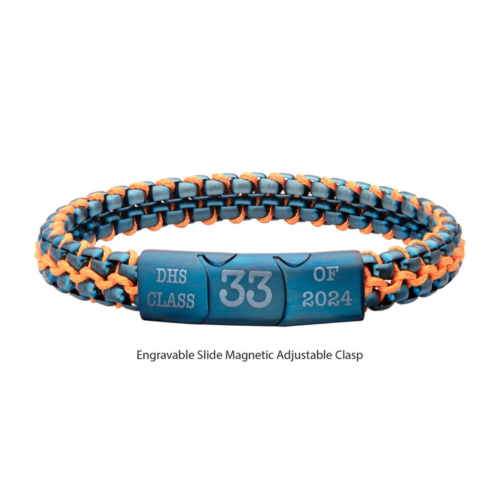 Matte Finish Blue IP Stainless Steel Box Chain with Orange Wax Cord Bracelet