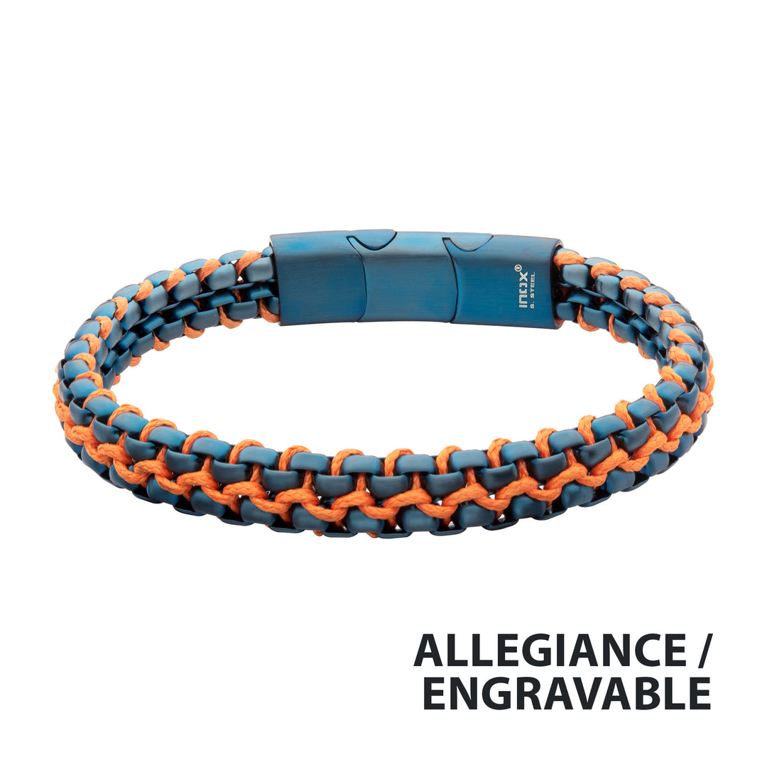 Matte Finish Blue IP Stainless Steel Box Chain with Orange Wax Cord Bracelet