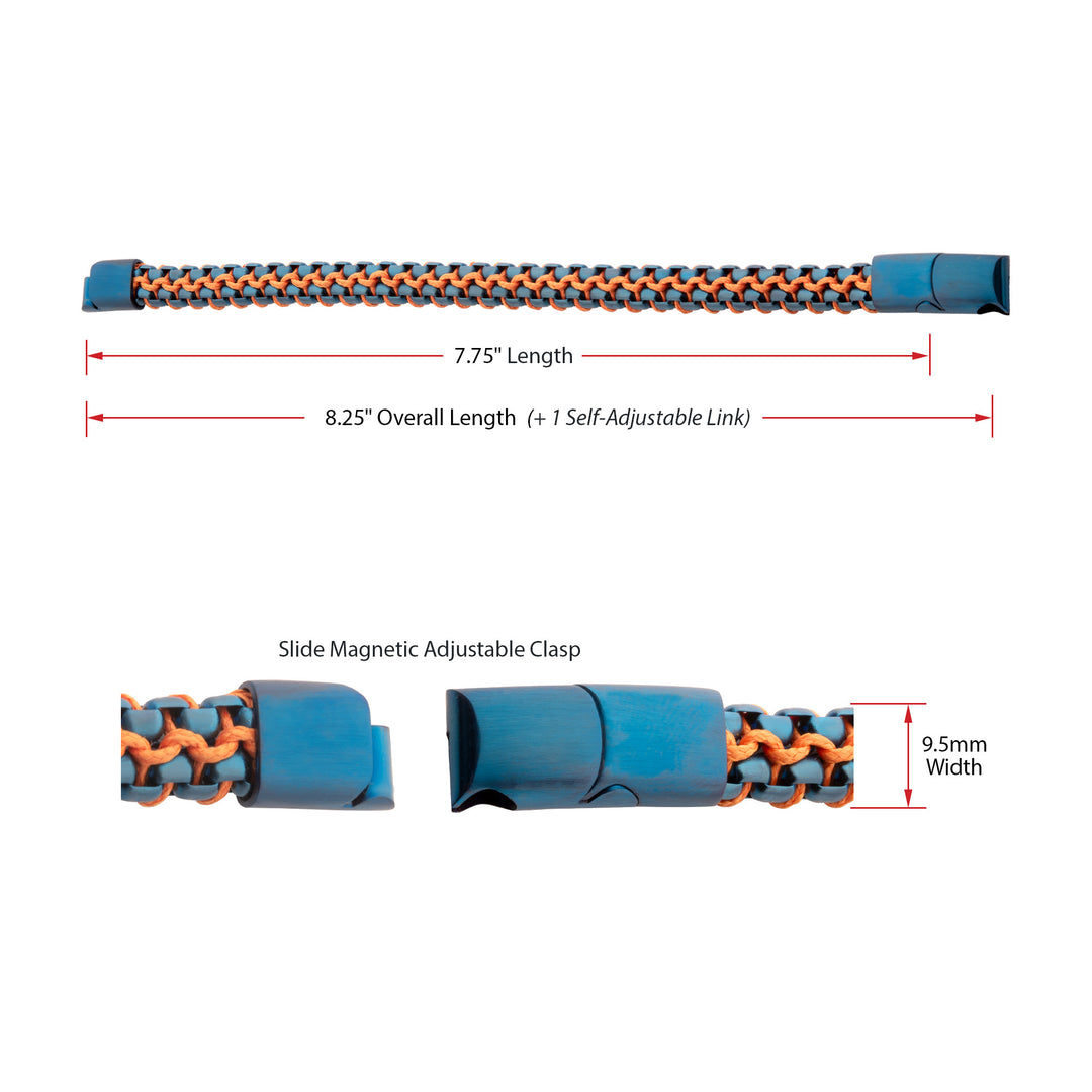 Matte Finish Blue IP Stainless Steel Box Chain with Orange Wax Cord Bracelet