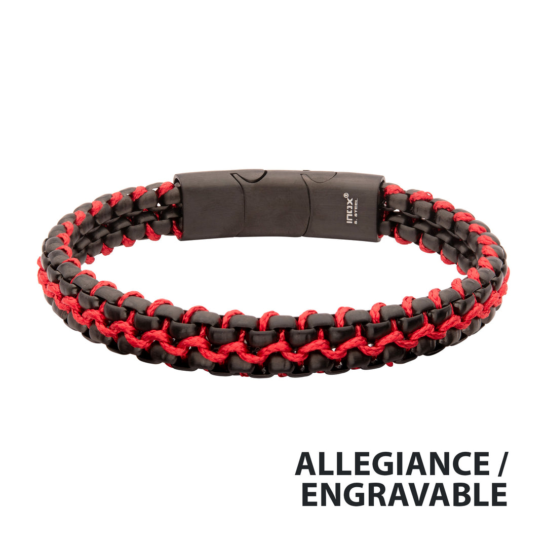 Matte Finish Black IP Stainless Steel Box Chain with Red Wax Cord Bracelet