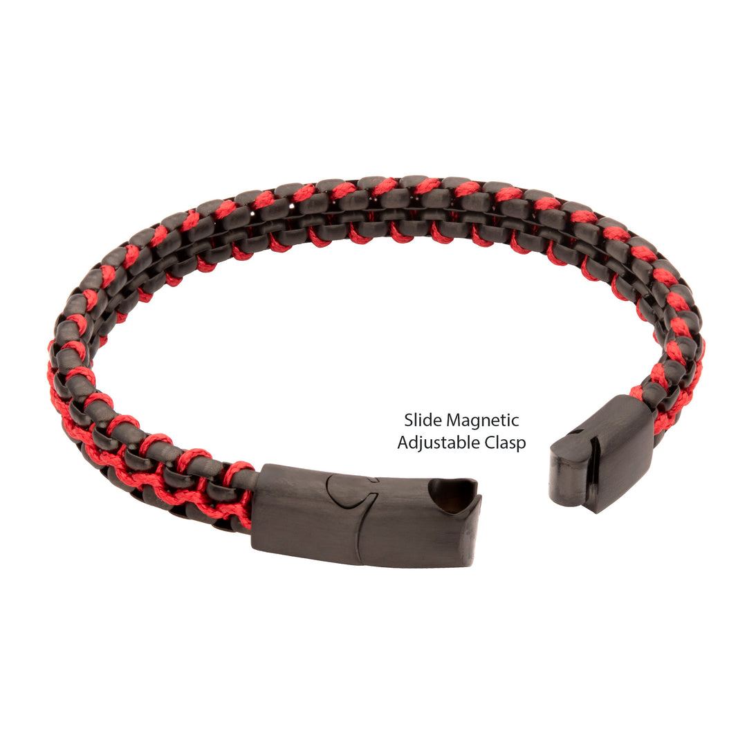 Matte Finish Black IP Stainless Steel Box Chain with Red Wax Cord Bracelet