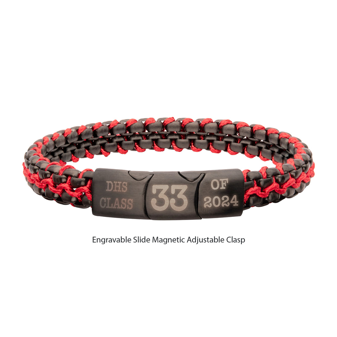 Matte Finish Black IP Stainless Steel Box Chain with Red Wax Cord Bracelet