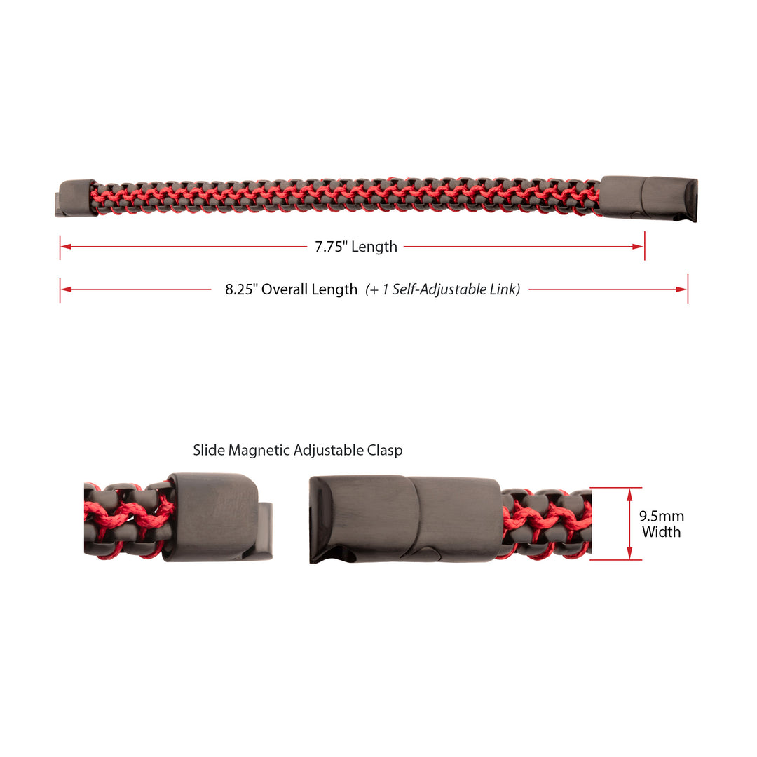 Matte Finish Black IP Stainless Steel Box Chain with Red Wax Cord Bracelet