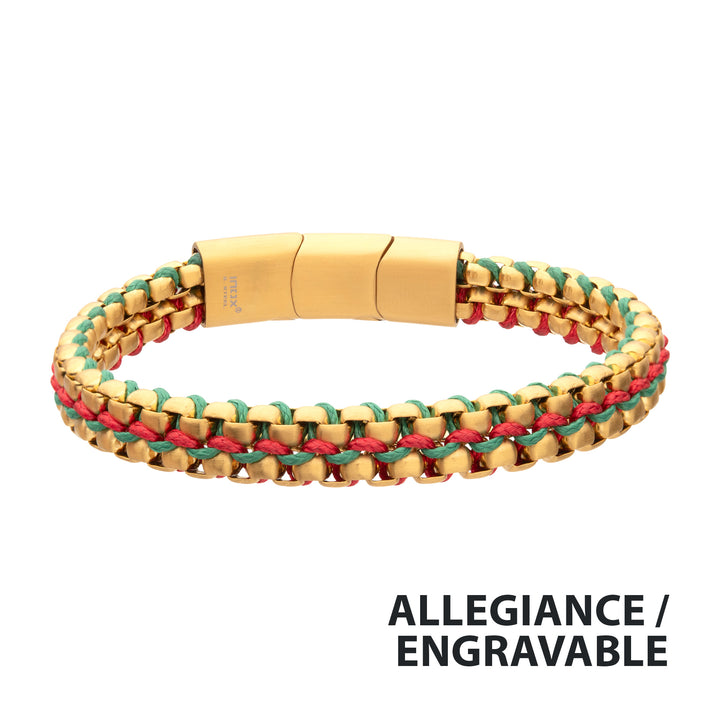 Matte Finish Gold IP Stainless Steel Box Chain with Red and Green Wax Cord Bracelet