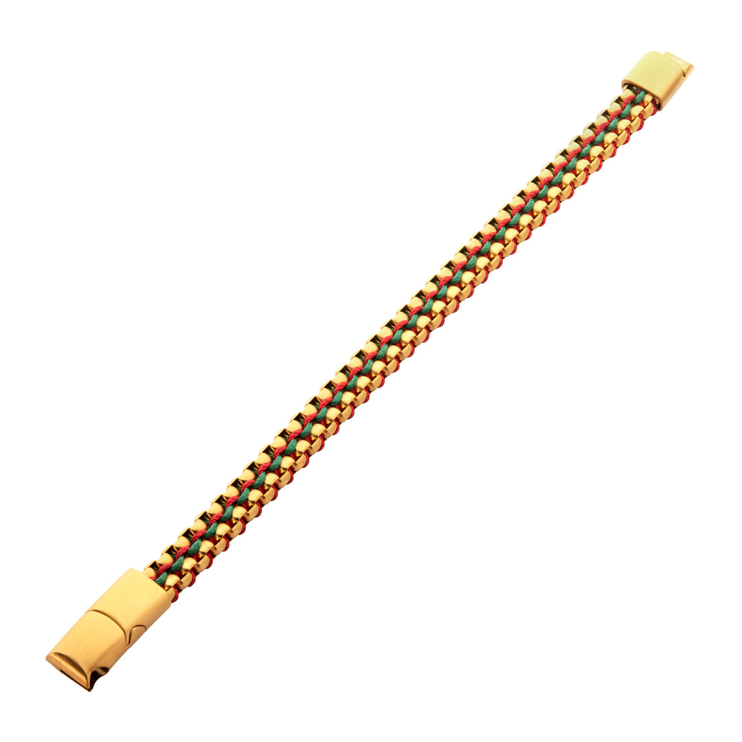 Matte Finish Gold IP Stainless Steel Box Chain with Red and Green Wax Cord Bracelet