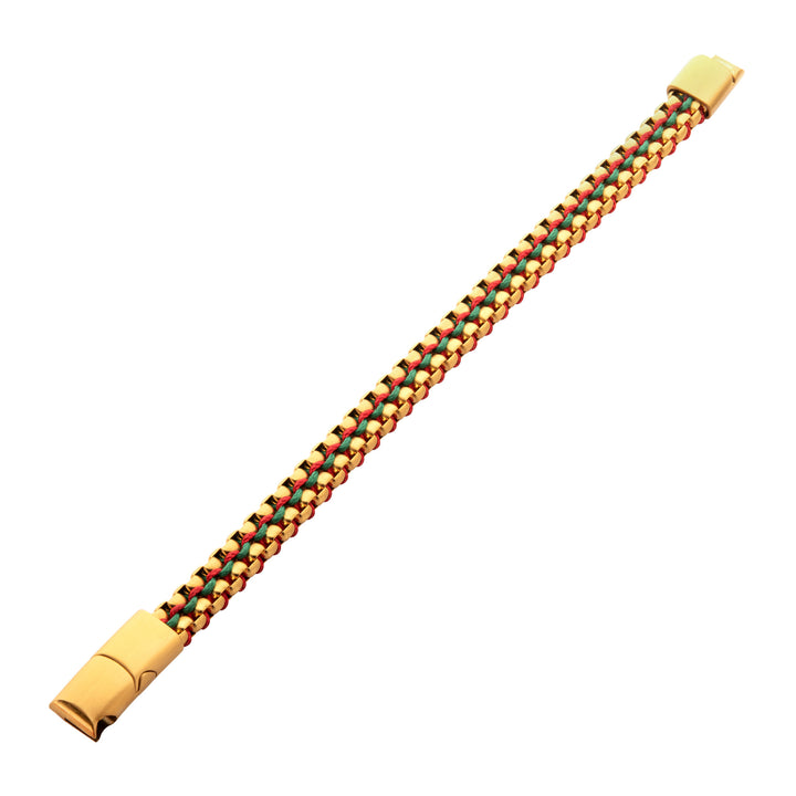 Matte Finish Gold IP Stainless Steel Box Chain with Red and Green Wax Cord Bracelet