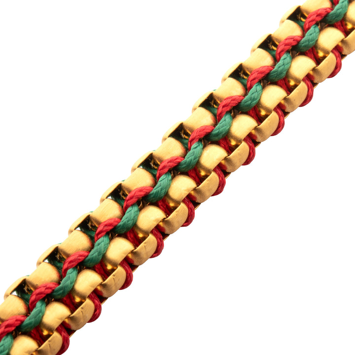 Matte Finish Gold IP Stainless Steel Box Chain with Red and Green Wax Cord Bracelet