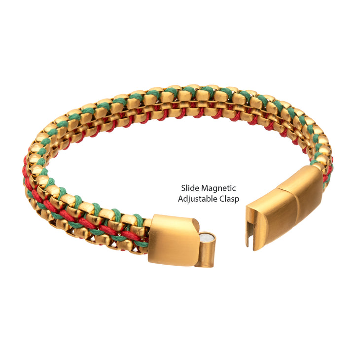 Matte Finish Gold IP Stainless Steel Box Chain with Red and Green Wax Cord Bracelet
