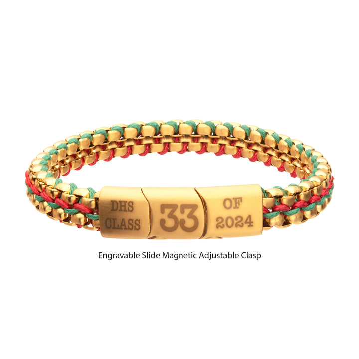Matte Finish Gold IP Stainless Steel Box Chain with Red and Green Wax Cord Bracelet