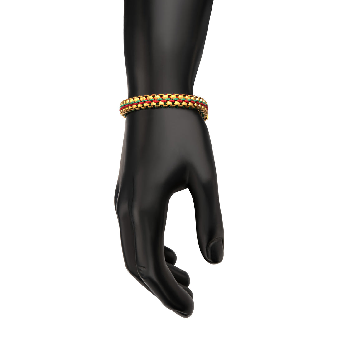 Matte Finish Gold IP Stainless Steel Box Chain with Red and Green Wax Cord Bracelet