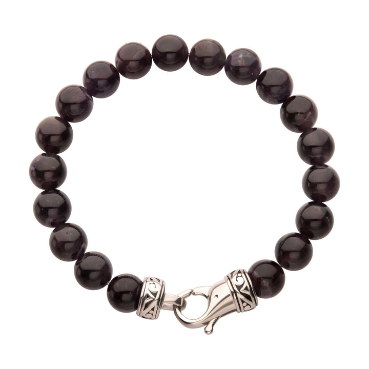 10mm Amethyst Stone Bead Bracelet with Antiqued Stainless Steel Clasp