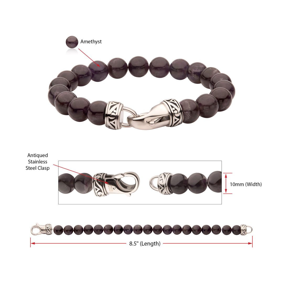 10mm Amethyst Stone Bead Bracelet with Antiqued Stainless Steel Clasp