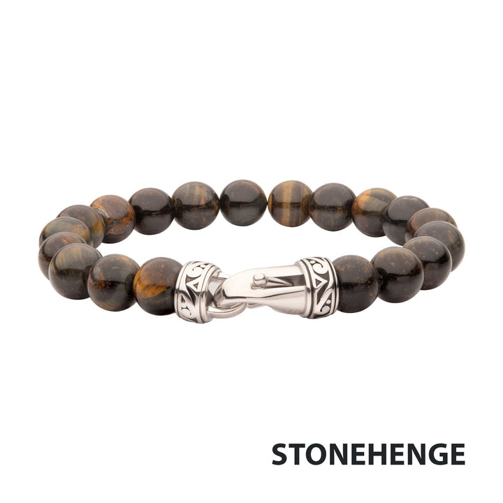 10mm Tiger Eye Stone Bead Bracelet with Antiqued Stainless Steel Clasp