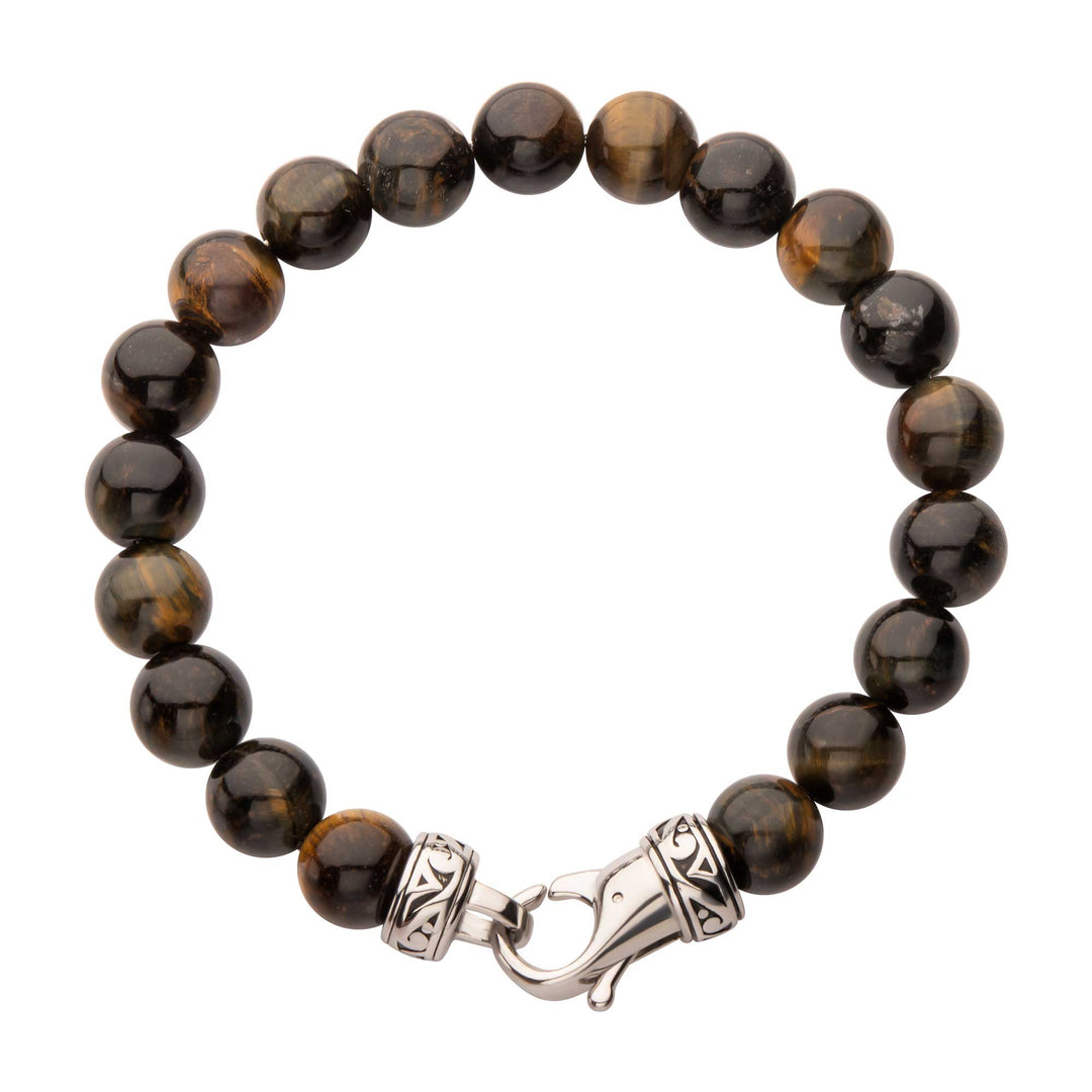 10mm Tiger Eye Stone Bead Bracelet with Antiqued Stainless Steel Clasp