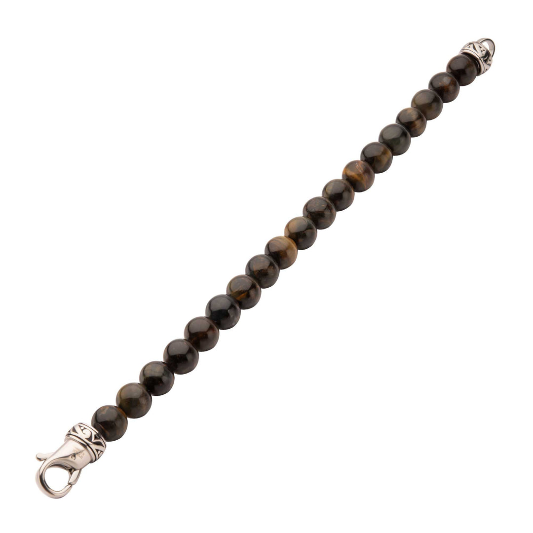 10mm Tiger Eye Stone Bead Bracelet with Antiqued Stainless Steel Clasp
