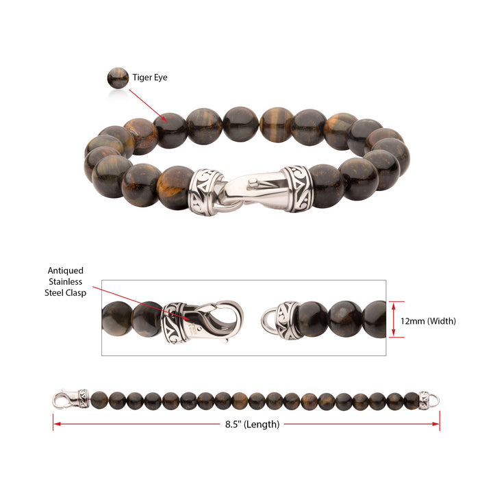 10mm Tiger Eye Stone Bead Bracelet with Antiqued Stainless Steel Clasp