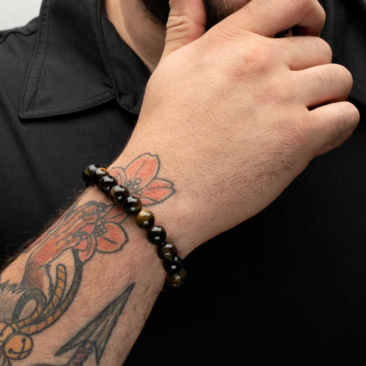 10mm Tiger Eye Stone Bead Bracelet with Antiqued Stainless Steel Clasp