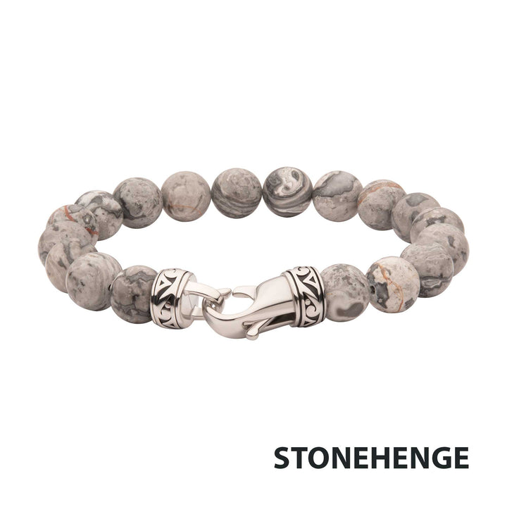 10mm Gray Jasper Stone Bead Bracelet with Antiqued Stainless Steel Clasp