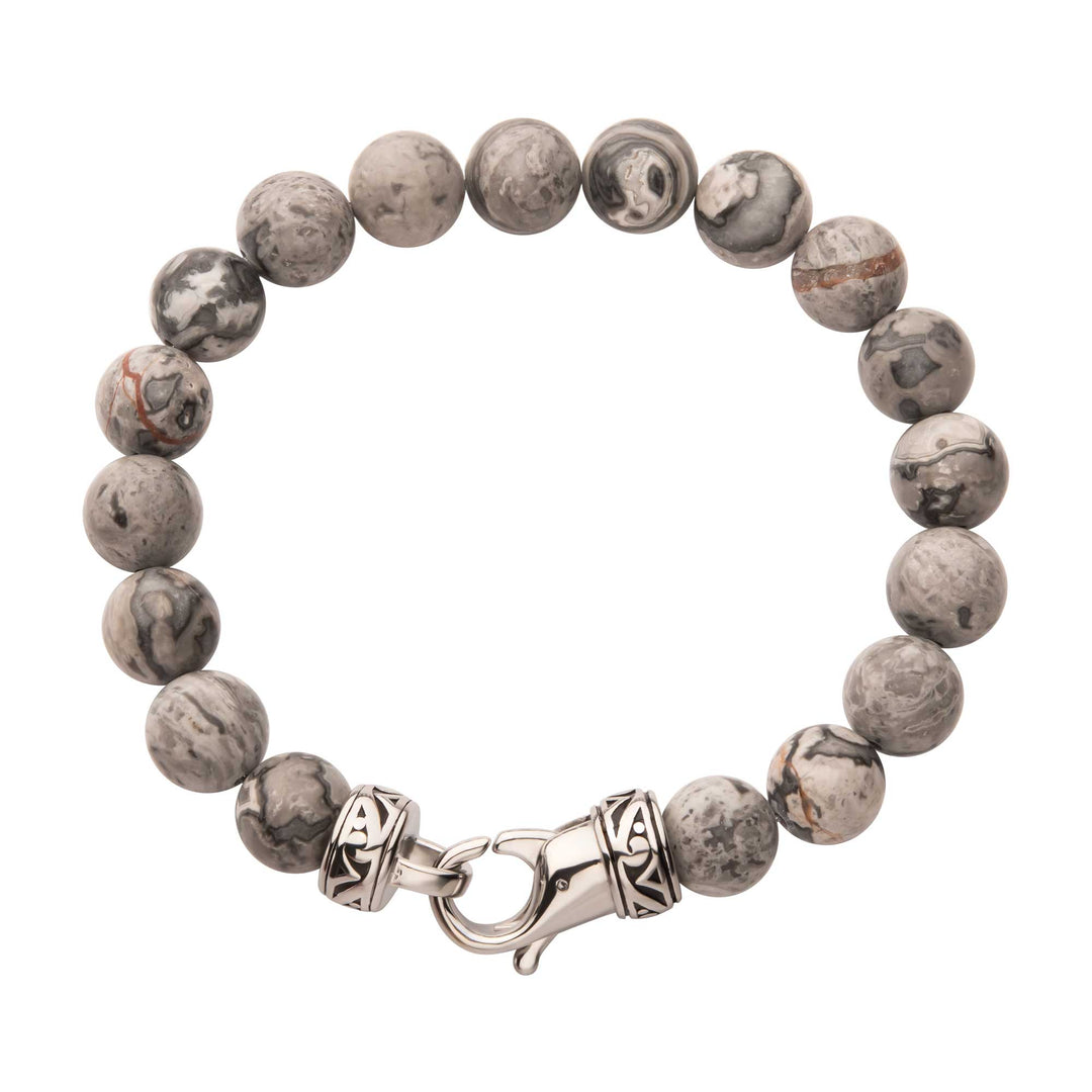 10mm Gray Jasper Stone Bead Bracelet with Antiqued Stainless Steel Clasp