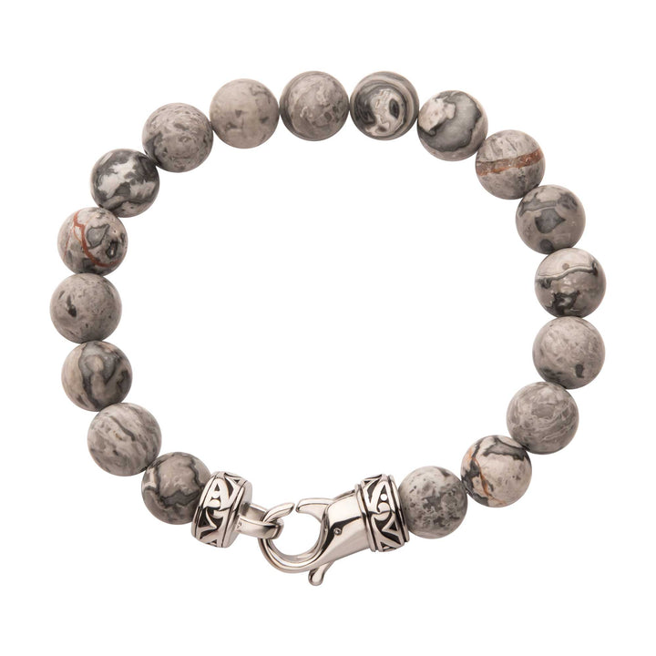 10mm Gray Jasper Stone Bead Bracelet with Antiqued Stainless Steel Clasp