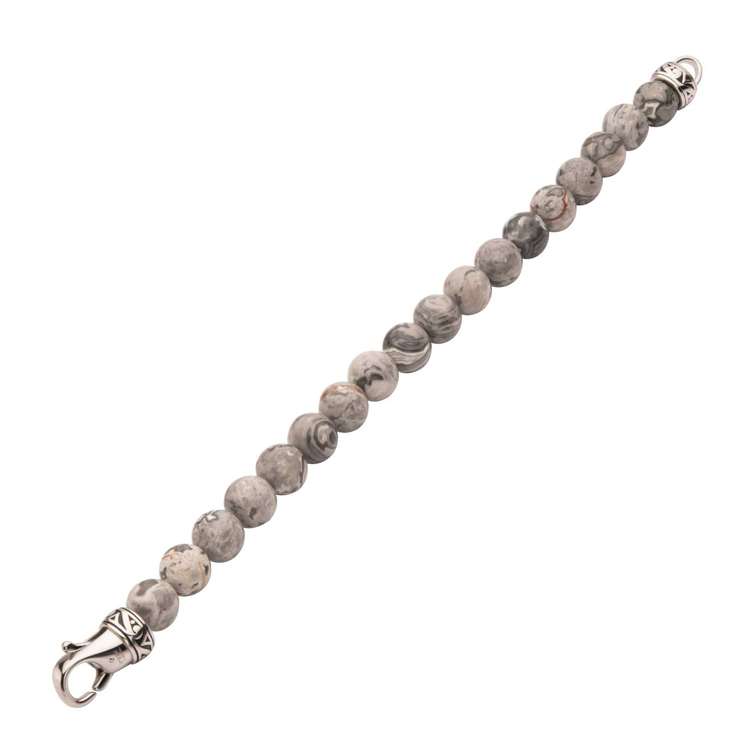 10mm Gray Jasper Stone Bead Bracelet with Antiqued Stainless Steel Clasp
