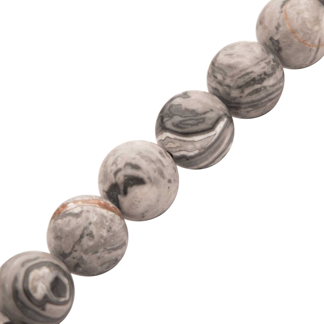 10mm Gray Jasper Stone Bead Bracelet with Antiqued Stainless Steel Clasp