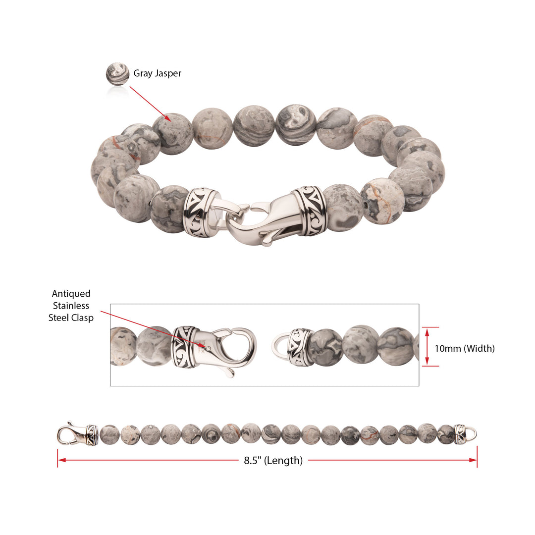 10mm Gray Jasper Stone Bead Bracelet with Antiqued Stainless Steel Clasp