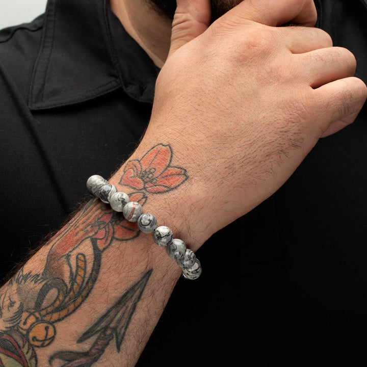10mm Gray Jasper Stone Bead Bracelet with Antiqued Stainless Steel Clasp