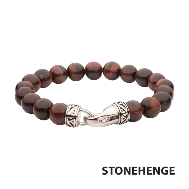10mm Red Tiger Eye Stone Bead Bracelet with Antiqued Stainless Steel Clasp