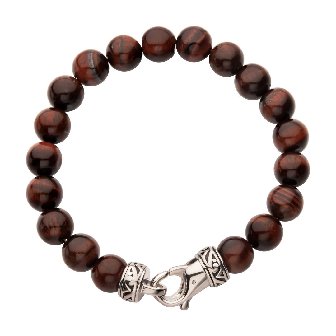 10mm Red Tiger Eye Stone Bead Bracelet with Antiqued Stainless Steel Clasp