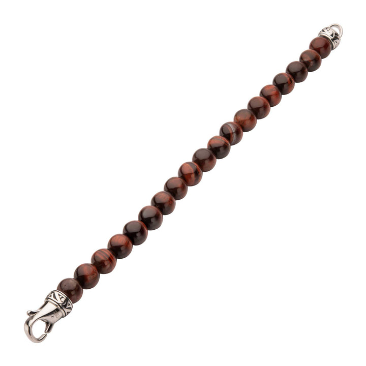 10mm Red Tiger Eye Stone Bead Bracelet with Antiqued Stainless Steel Clasp